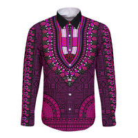 Pink long-sleeve dashiki button shirt with tapa-style pattern, front view, V-neck