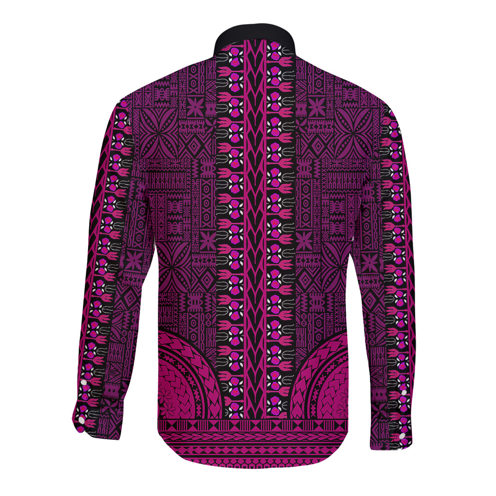 Pink long-sleeve dashiki shirt with tapa-style pattern, back view
