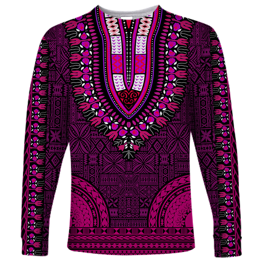 Long-sleeve dashiki shirt with V neckline, dark purple and pink tapa-style pattern