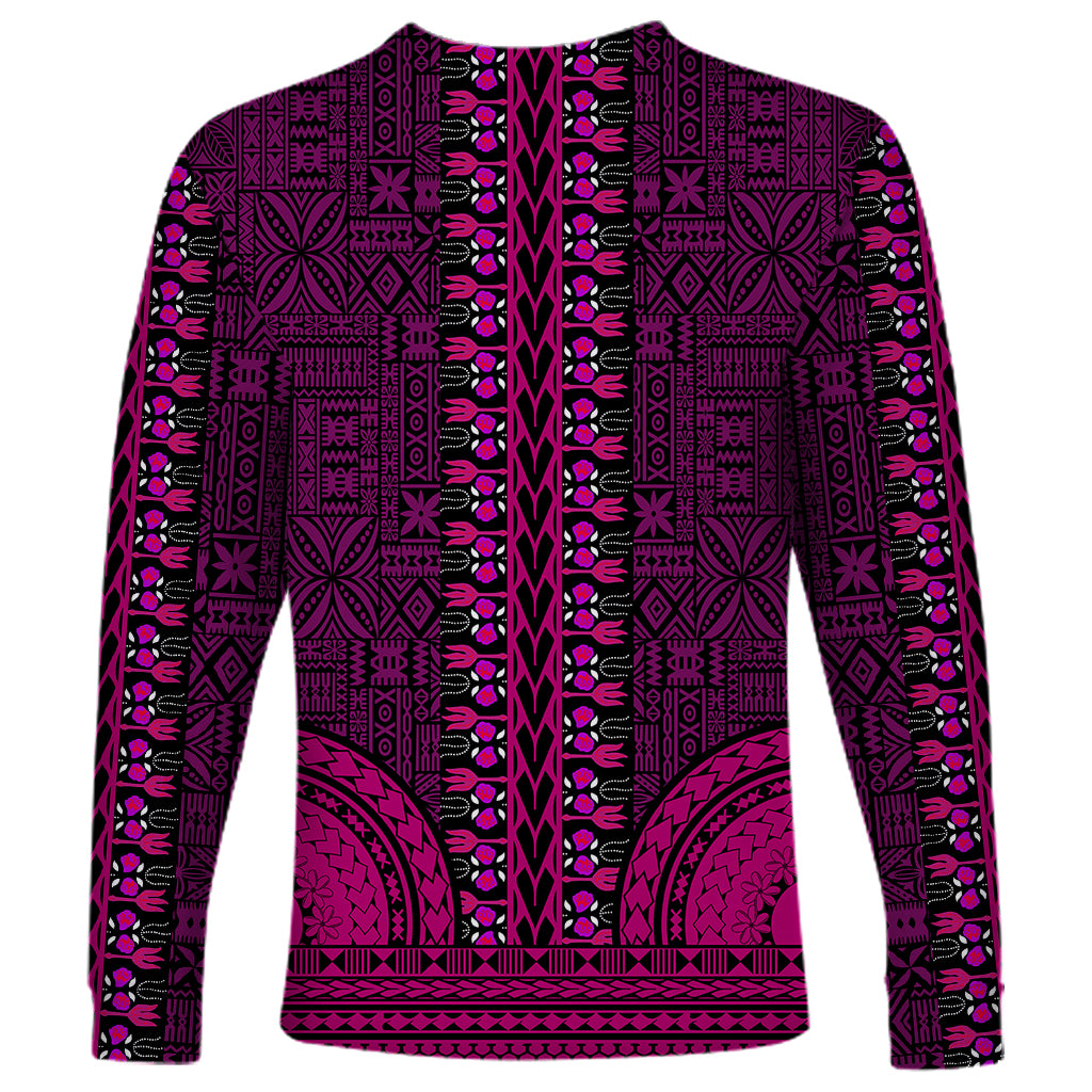 Back long-sleeve dashiki shirt with V neckline, dark purple and pink tapa-style pattern