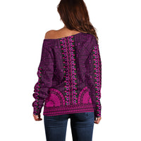 Off-shoulder dashiki sweater, back view, purple with pink and teal tapa pattern