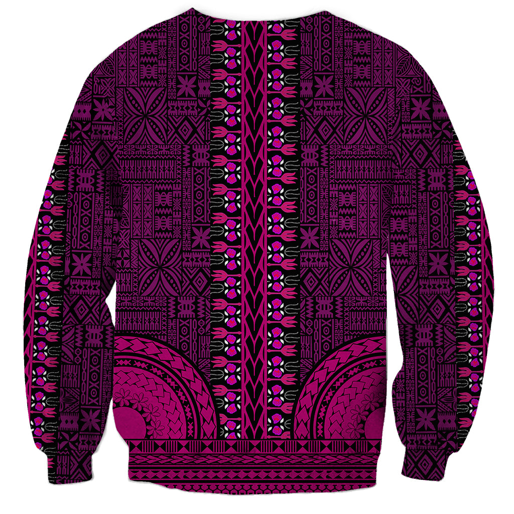 Pink African dashiki sweatshirt back, long sleeves, tapa-inspired geometric medallion pattern