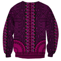 Pink African dashiki sweatshirt back, long sleeves, tapa-inspired geometric medallion pattern