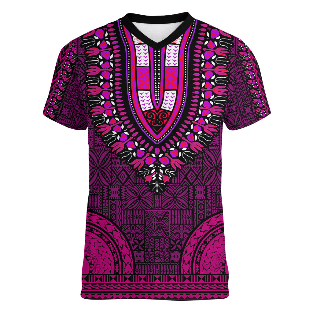 african-dashiki-women-v-neck-t-shirt-with-tapa-pattern-pink