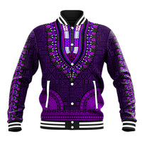 Purple dashiki baseball jacket with bold tapa-style pattern, button front, striped cuffs