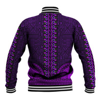 Back of purple dashiki baseball jacket with tapa-style motif, button placket, ribbed collar