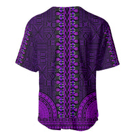 Purple dashiki-style baseball jersey back with tapa pattern and vertical trim