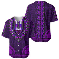 Purple dashiki-style baseball jersey with ornate tapa V yoke and button placket