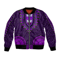 Purple African-style bomber jacket with zip front, ribbed cuffs, and bold tapa dashiki pattern