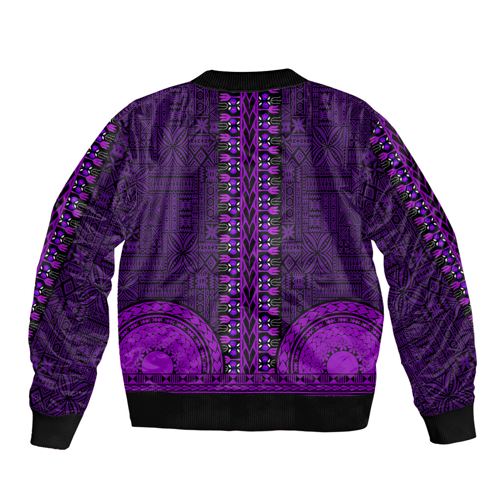 Purple bomber jacket back with vertical button trim and repeating tapa-pattern panels