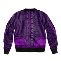 Purple bomber jacket back with vertical button trim and repeating tapa-pattern panels