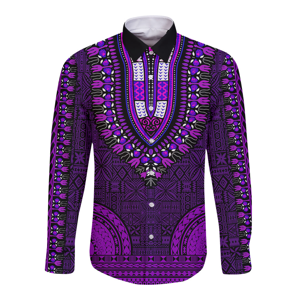 Unisex purple long-sleeve dashiki shirt with V-neck and button-front tapa pattern