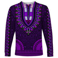 Purple long-sleeve dashiki shirt with V-neck and bold tapa-style geometric pattern