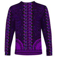 Purple long-sleeve dashiki shirt with V-neck and allover geometric tapa pattern, purple trim