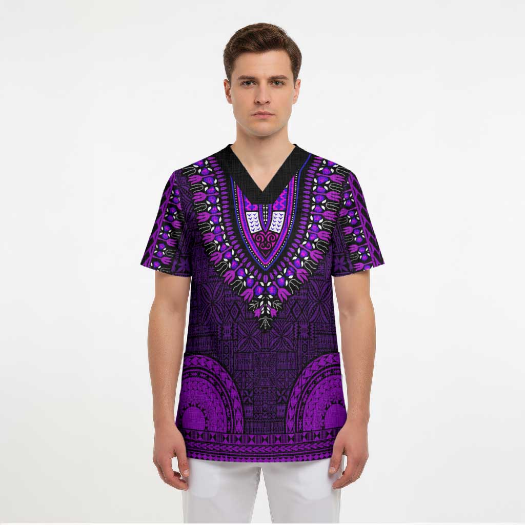 Purple Dashiki and Tapa Pattern Scrub Top Africa-Polynesia Together Culture