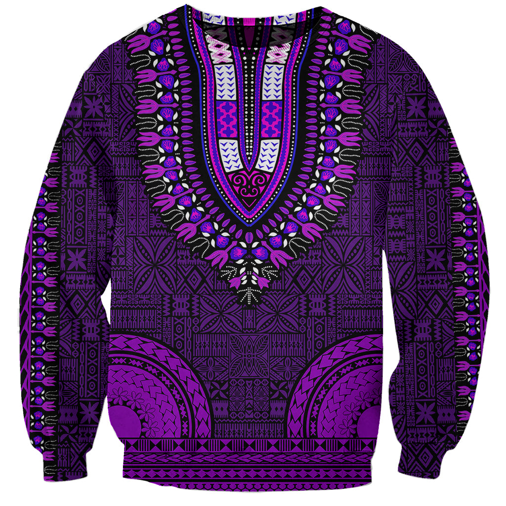 Purple dashiki-style sweatshirt with V neckline and ornate purple-and-black tapa patterns