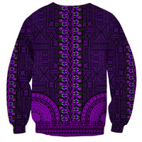 Purple dashiki-style sweatshirt back with vertical striped tapa pattern and bold geometric motifs