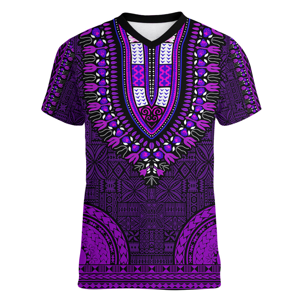 african-dashiki-women-v-neck-t-shirt-with-tapa-pattern-purple