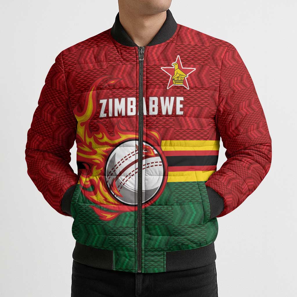Zimbabwe Cricket Custom Bomber Puffer Jacket The Chevrons Cricket Ball Fire - Wonder Print Shop