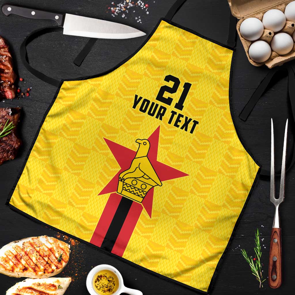 Close-up of yellow custom apron with '21 YOUR TEXT' star bird print