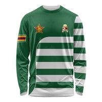 Green long-sleeve rugby shirt with white chest band and striped sleeves