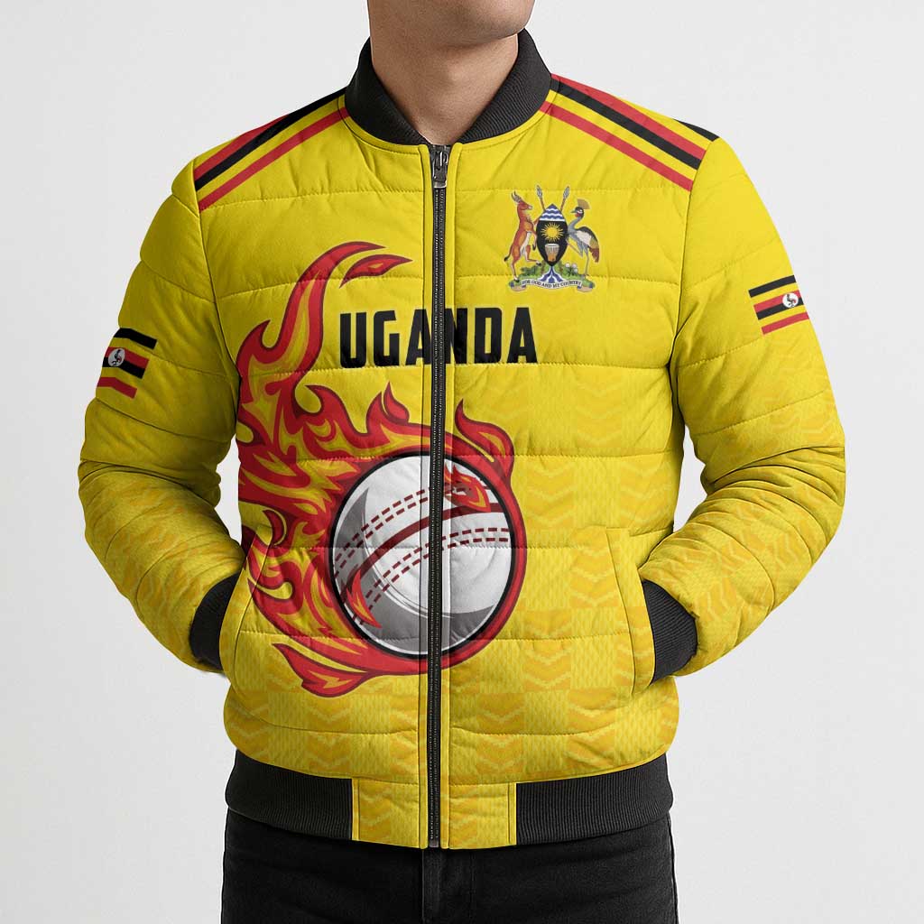 Uganda Cricket Custom Bomber Puffer Jacket Cranes Cricket Ball Fire - Wonder Print Shop