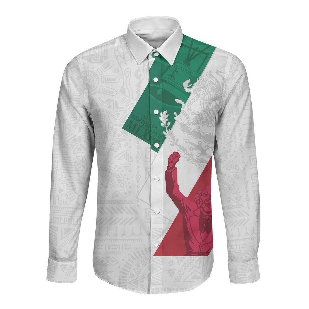 Dia de la Independencia de Mexico Long Sleeve Button Shirt 16 De Septiembre Traditional Aztec Tribal White