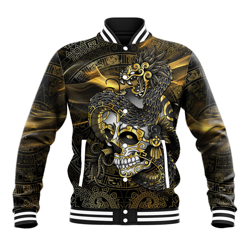 Mexico Quetzalcoatl Aztec Calendar Baseball Jacket Black Gold Tribal Warrior Art