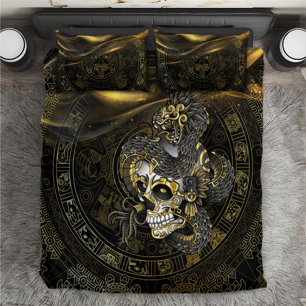 Mexico Quetzalcoatl Aztec Calendar Bedding Set Black Gold Tribal Warrior Art