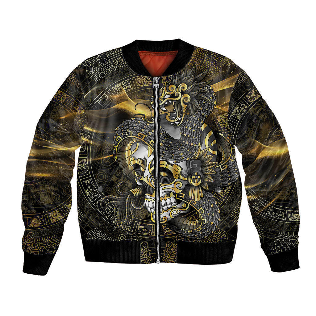 Mexico Quetzalcoatl Aztec Calendar Bomber Jacket Black Gold Tribal Warrior Art