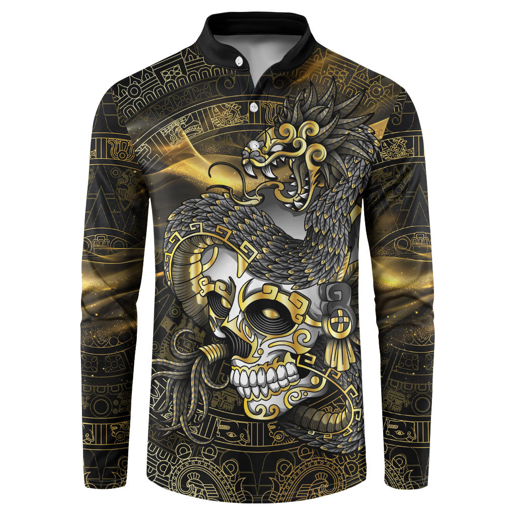 Mexico Quetzalcoatl Aztec Calendar Button Sweatshirt Black Gold Tribal Warrior Art