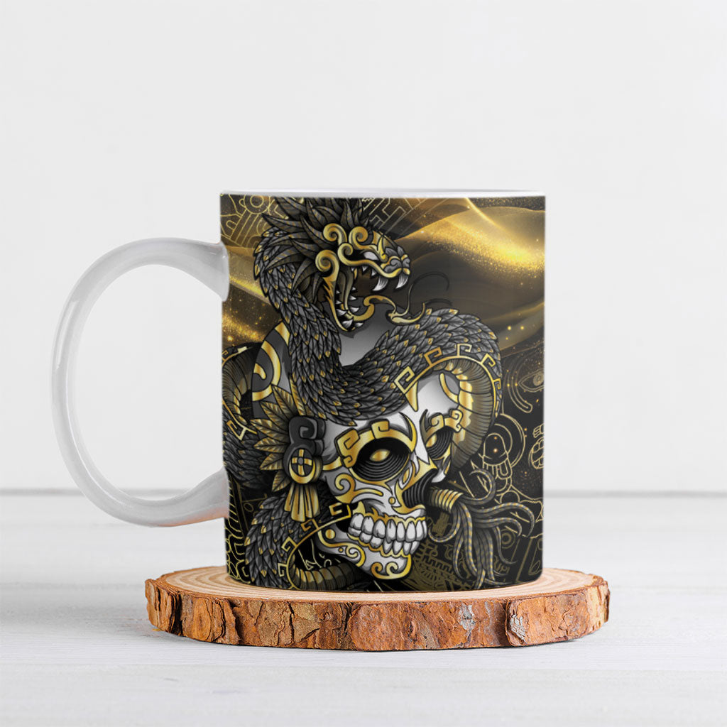 Mexico Quetzalcoatl Aztec Calendar Ceramic Mug Black Gold Tribal Warrior Art