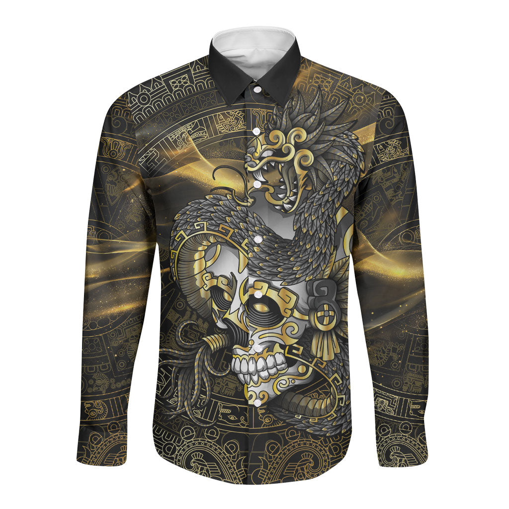 Mexico Quetzalcoatl Aztec Calendar Long Sleeve Button Shirt Black Gold Tribal Warrior Art
