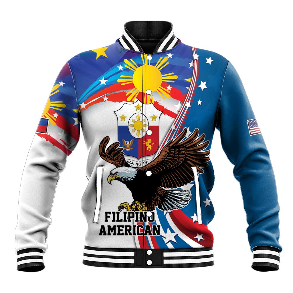 Blue baseball jacket with eagle graphic, stars and sun, ribbed striped collar and cuffs