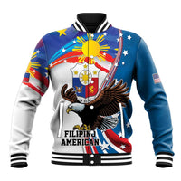 Blue baseball jacket with eagle graphic, stars and sun, ribbed striped collar and cuffs