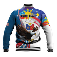 Blue baseball jacket back with eagle and shield, stars, sun; 'YOUR TEXT' on yoke