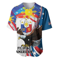 Blue baseball jersey with Filipino flag sun and bald eagle, Filipino American text