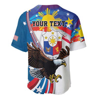 Blue baseball jersey with bald eagle, Filipino flag sun, and YOUR TEXT on back