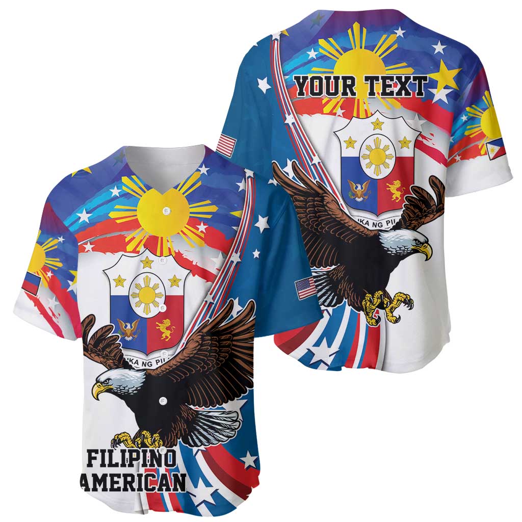 Two blue baseball jerseys, each with bald eagle and Filipino flag sun artwork