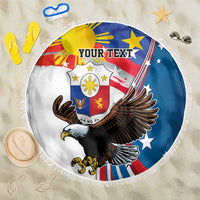 Round beach blanket with fringed edge, blue border, eagle and flag emblem design
