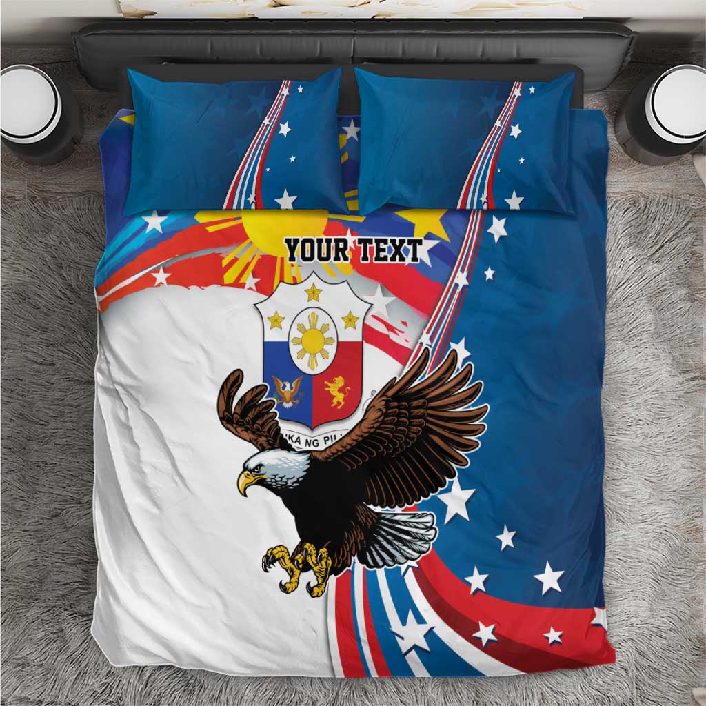 Blue and white bedding set with eagle-and-sun graphic and red-white stripes, plus two pillows
