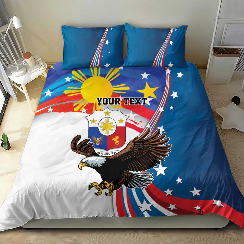 Blue bedding set with eagle-and-sun motif, red-white stripes, and two matching pillowcases
