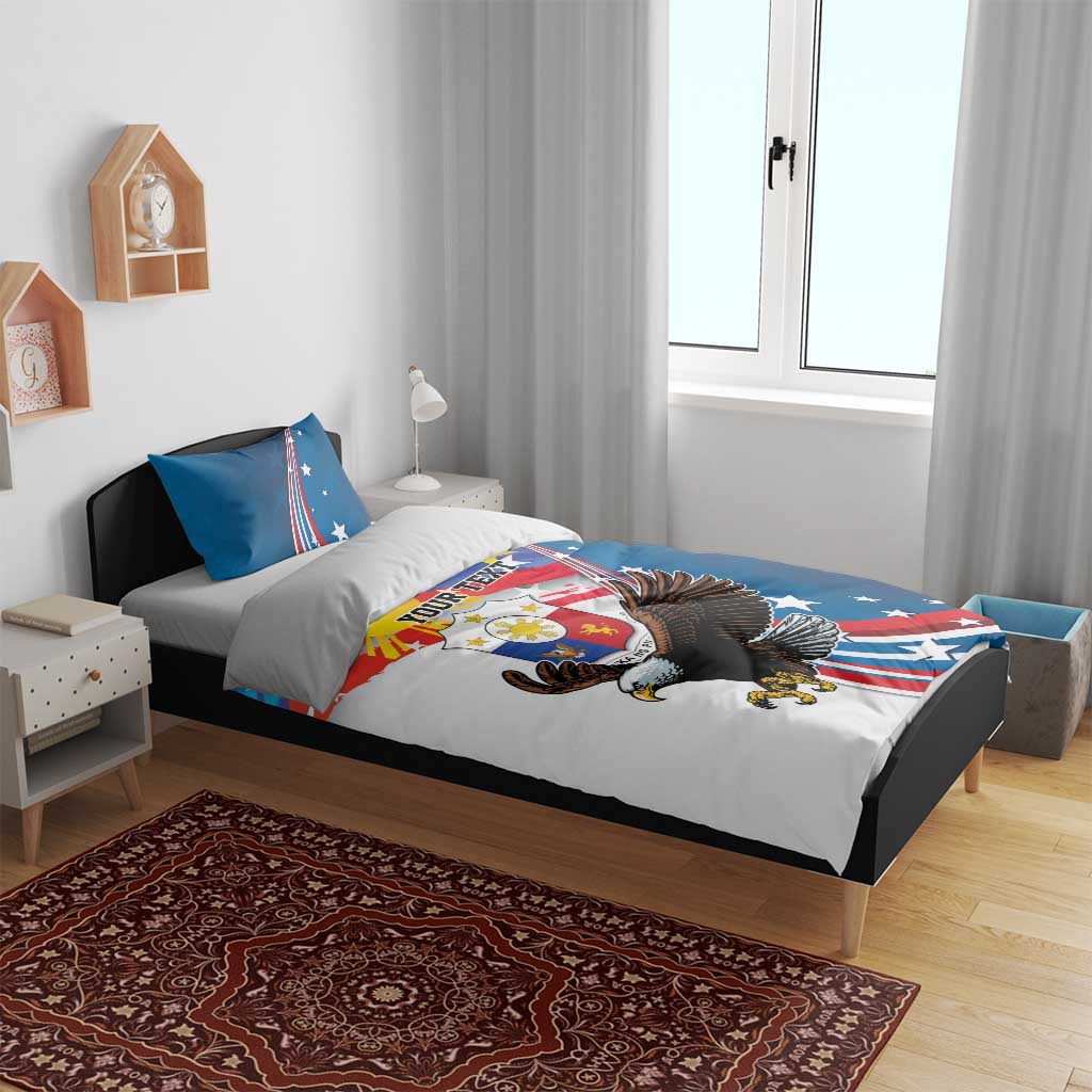 Blue bedding set on bed with eagle and sun design, red-white stripes, and “YOUR TEXT”