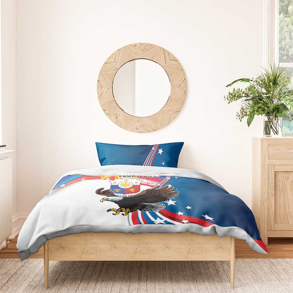 Single-duvet view of blue bedding with eagle-and-sun graphic and “YOUR TEXT” on top