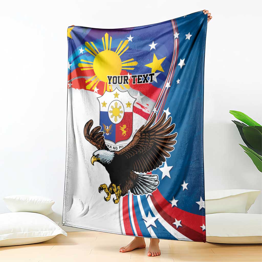 Personalized Filipino-American blanket with eagle graphic and "Your Text" on blue border