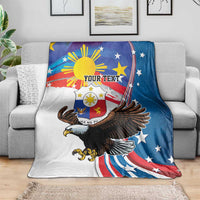 Personalized Filipino-American blanket draped on sofa, eagle with "Your Text" banner