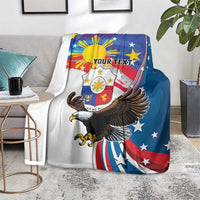 Personalized Filipino-American blanket on couch with eagle, sun, stars, and "Your Text"