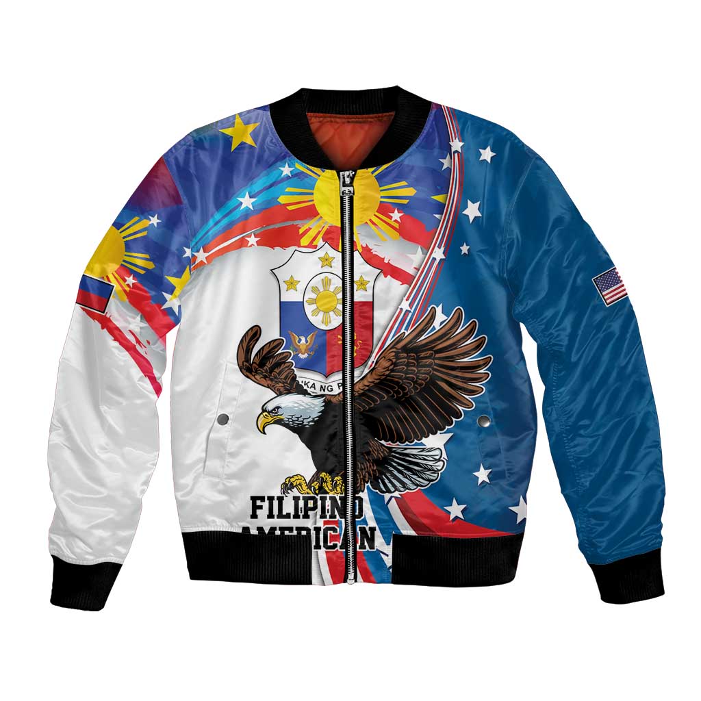 Blue and white bomber jacket with colorful sun and bald eagle front graphic