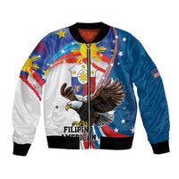 Blue and white bomber jacket with colorful sun and bald eagle front graphic