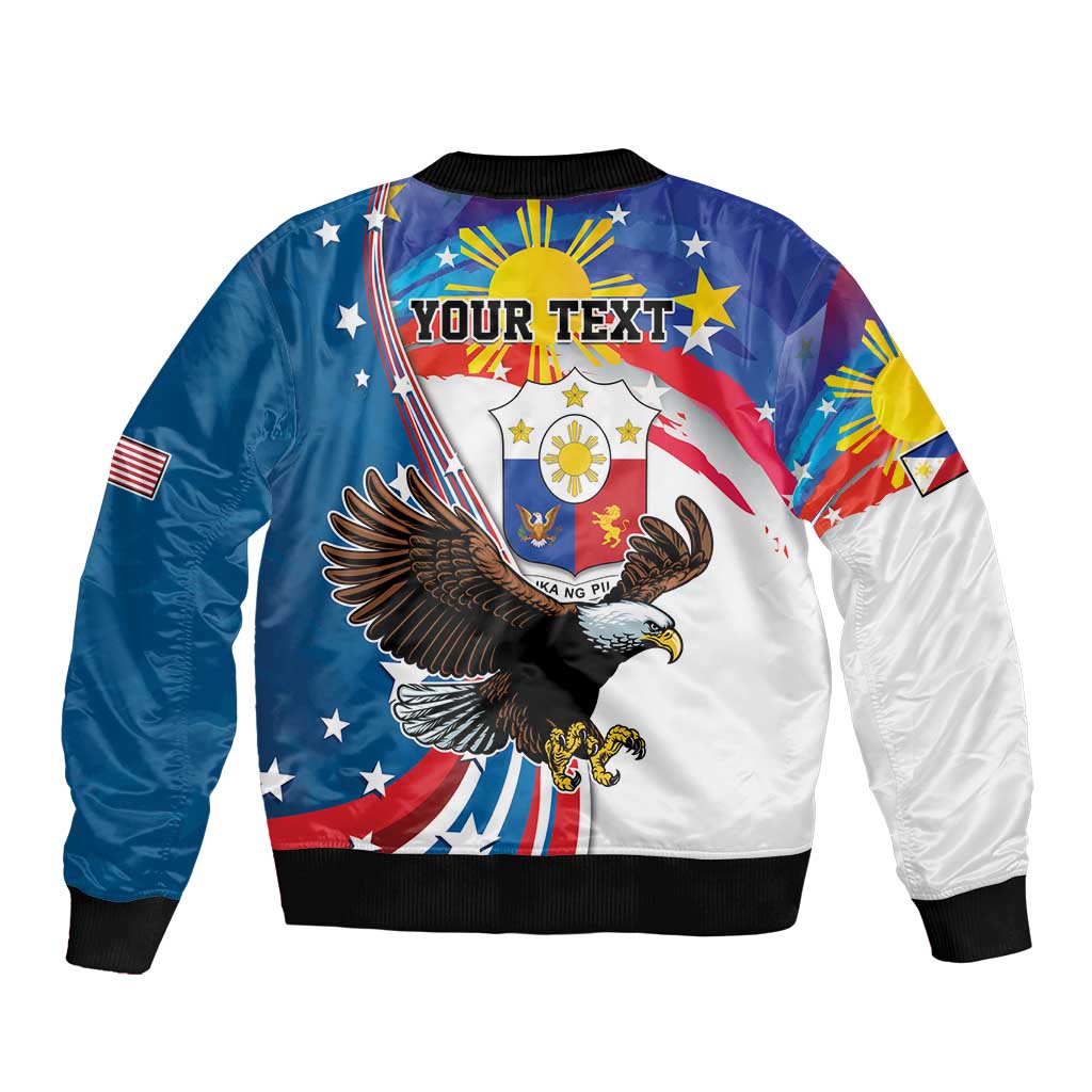 Blue and white bomber jacket with eagle and patriotic flag 'Your Text' back graphic